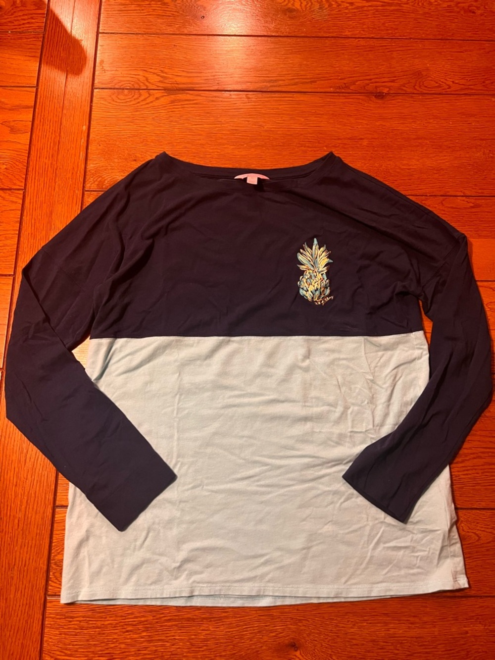Lilly Pulitzer Navy Top with Light Blue Pineapple Embroidery